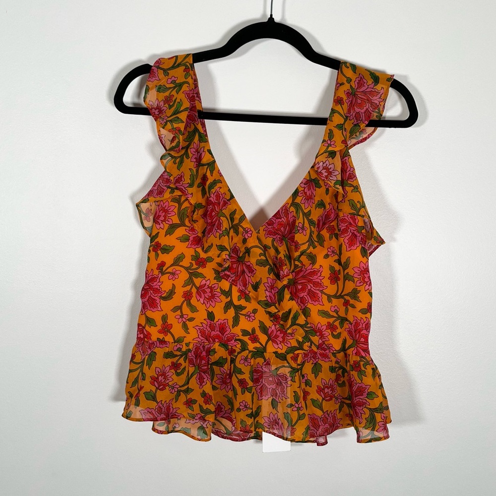 Veronica Beard Floral Ruffle Blouse - Orange and Red